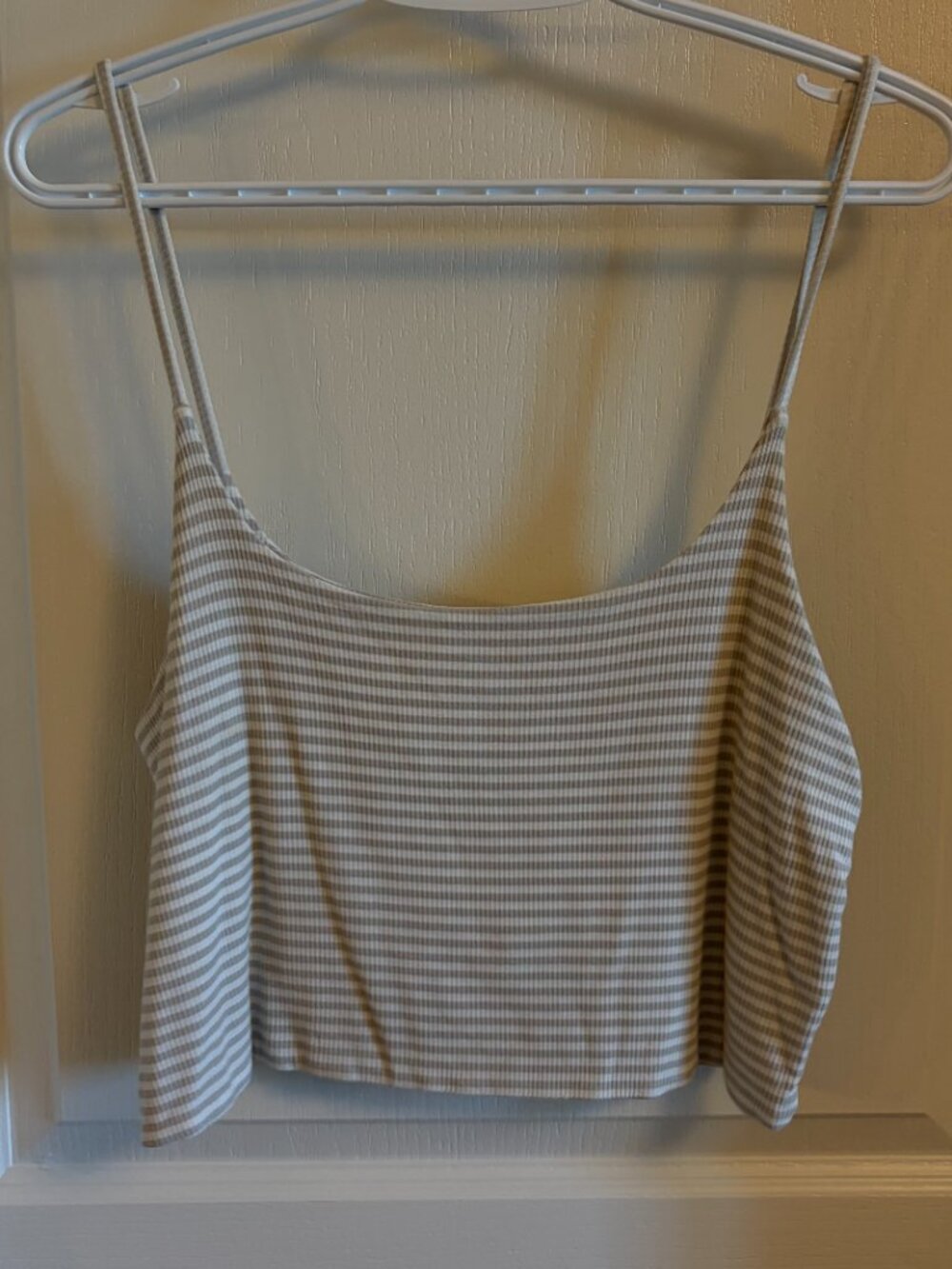 Boxy Cropped White Tan Striped Tank Top - Large